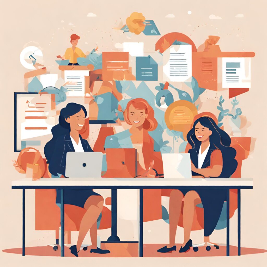 Ilustración colorida de tres mujeres sentadas frente a computadores portátiles, sonriendo mientras trabajan en equipo, con papeles, gráficos y elementos creativos flotando en el fondo