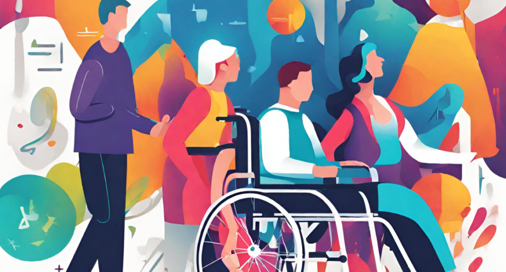 Ilustración colorida de cuatro personas, una de ellas en silla de ruedas y las otras tres caminando a su lado. La escena utiliza colores vibrantes y abstractos